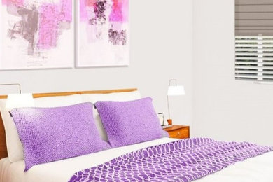 Example of a mid-sized trendy master carpeted bedroom design in Chicago with gray walls