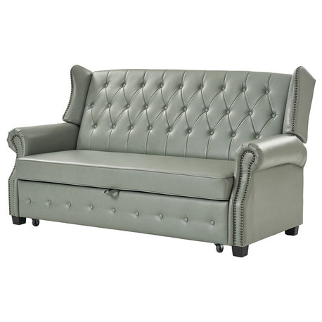 Vegan Leather High Back Chesterfield Sleeper Sofa, Sage
