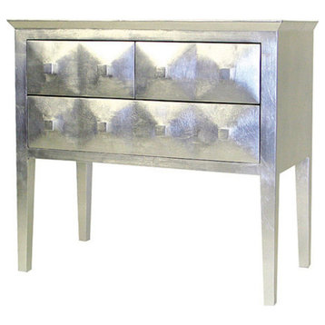 Contemporary Console Table, Geometric Accented Drawers, Metallic Silver Finish