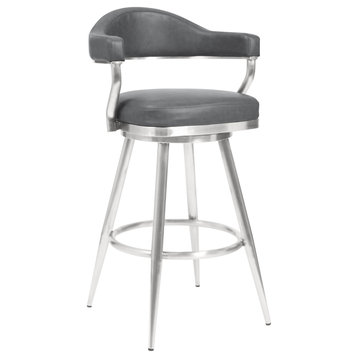 Amador Barstool, Brushed Stainless Steel and Vintage Gray Faux Leather, 26"