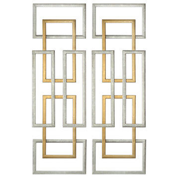 2-Piece Mid Century Modern Open Geometric Wall Panel Set, Silver Gold Rectangle