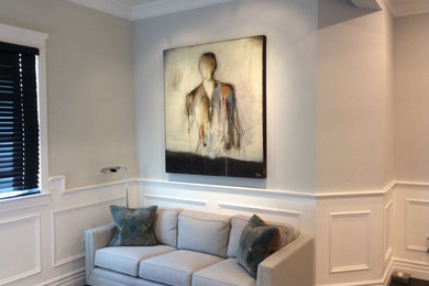 Example of a small classic open concept dark wood floor and brown floor family room library design in Los Angeles with gray walls, no fireplace and a media wall