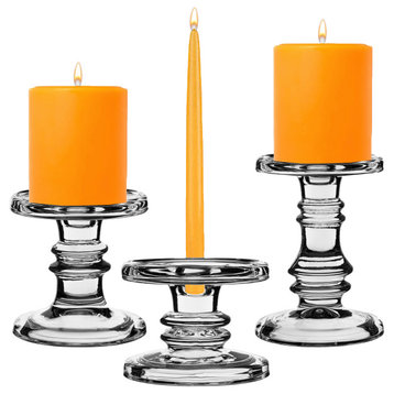 Set of 3 Vintage Stem Glass Pillar Taper Candle Holders. H-3.5", 4.5" and 6.5", 2 Sets
