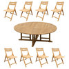 9-Piece Outdoor Teak Dining Set: 72" Round Table, 8 Surf Folding Arm Chairs