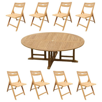 9-Piece Outdoor Teak Dining Set: 72" Round Table, 8 Surf Folding Arm Chairs