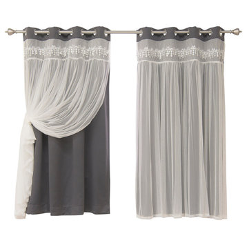 Lace Overlay Blackout Curtains, Dark Gray, 96"