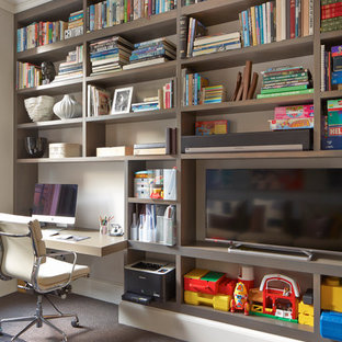 Design ideas for a large scandinavian study in London with grey walls, carpet, no fireplace and a built-in desk.