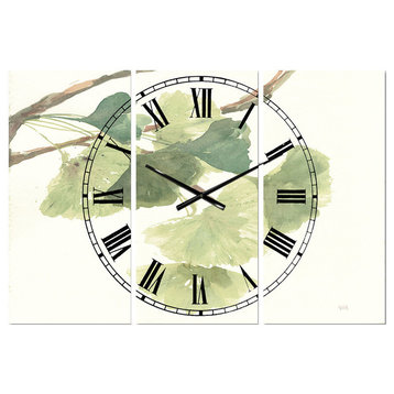Watercolor Gingko Leaves I Cabin and Lodge 3 Panels Metal Clock