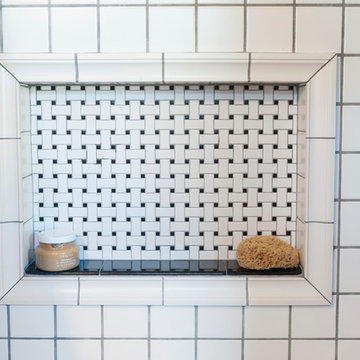 Charming Transitional Shower Niche with Basket Weave Tile