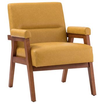 Vegan Leather Armchair With Tufted Design, Mustard