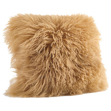 Mongolian Lamb Fur Design Down Filled Throw Pillow, 20" Square, Gold