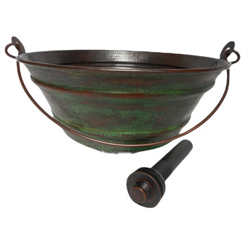 15" Round Copper Vessel Pail Bath Sink with Weathered Green Exterior, LT Drain
