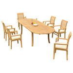 Teak Deals - 7-Piece Outdoor Teak Dining Set: 117" Oval Extn Table, 6 Mas Stacking Arm Chairs - Set includes: 117" Double Extension Oval Dining Table and 6 Stacking Arm Chairs.