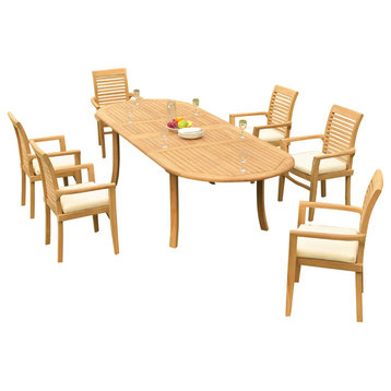 7-Piece Outdoor Teak Dining Set: 117" Oval Extn Table, 6 Mas Stacking Arm Chairs