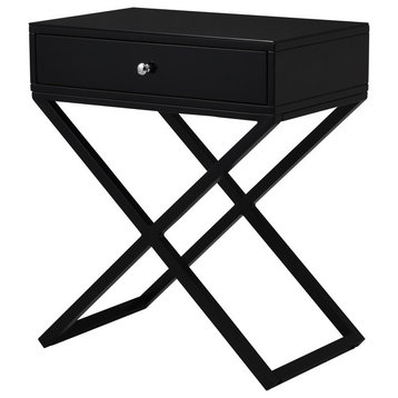 Koda Wooden Side Table Nightstand, Glass Top, Drawer & Metal Base, Black