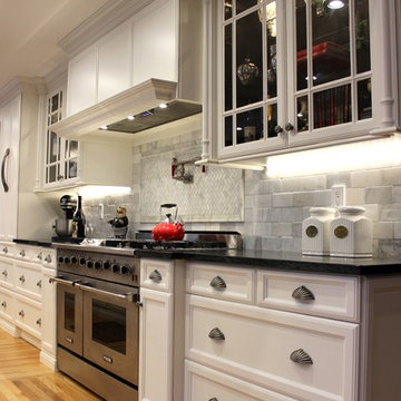 Luxurious Transitional Kitchen w/White Cabinetry & Custom Wood Range Hood
