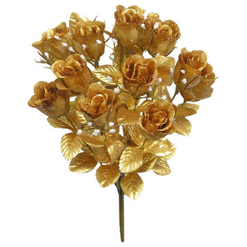 14 Stems Faux Blossoms Rose Bush, Gold