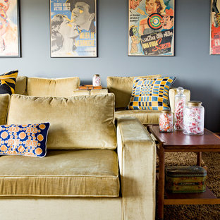 Home theater - contemporary home theater idea in Portland with gray walls