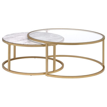 Benzara BM193836 Metal Framed Coffee Tables with Glass & Marble Tops, S/2, Gold