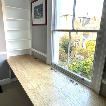 Curved Corner Desk With Drawers, Built-In Shelving & Shaker Cabinet