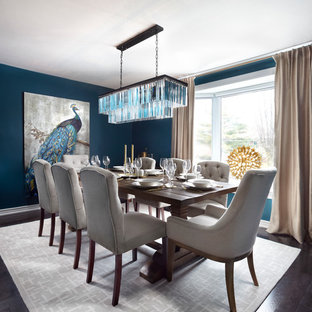 トロントの中サイズのトランジショナルスタイルのLDKの画像 (青い壁、濃色無垢フローリング、暖炉なし、茶色い床)