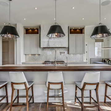 Wood Kitche Counter with Leather Bar Stools