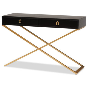 Contemporary Console Table, Criss Cross Legs & Drawers With Golden Pulls, Black