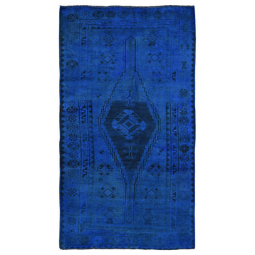 Blue Gallery Size Overdyed Persian Shiraz  Worn Down Hand Knotted Rug,5'0"x10'0"