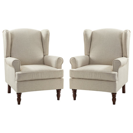 Wooden Upholstered Armchair, Set of 2, Tan
