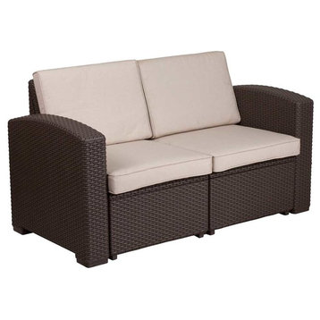 Chocolate Brown Faux Rattan Loveseat With All-Weather Beige Cushions