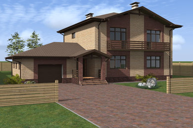 Large contemporary two floor brick house exterior in Other with a hip roof.