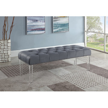 Suede Upholstered Tufted Bench With Acrylic Legs, Gray