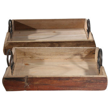 2-Piece Wood Tray Set, 19"x13"x5", Brown