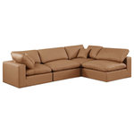 Meridian Furniture - Comfy Upholstered L-Shaped Modular Sectional, Cognac, 4-Piece: 2 Armless Chair, 2 Corner Chair, Vegan Leather - Give your space a whole new look with this cognac Comfy vegan leather sectional. This handsome sectional fits nicely with other items in the Comfy collection and is a versatile seating option designed for adaptability, comfort and style. Wrapped in rich cognac durable vegan leathered upholstery, this sectional offers a plush embrace of overstuffed down feather cushions, carefully crafted to deliver the highest level of comfort. The perfect seat for creating an oasis for relaxation, this sectional has thick foam surrounding its frame for added support and coziness.