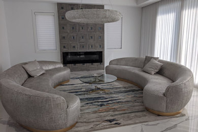 Inspiration for a mid-sized contemporary formal and enclosed ceramic tile and white floor living room remodel in New York with white walls, a standard fireplace, a concrete fireplace and no tv