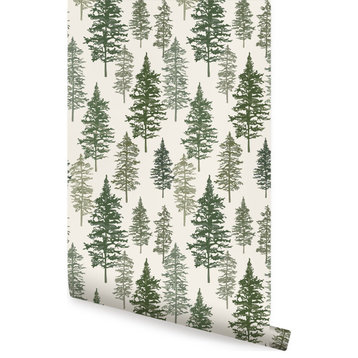 Illustrated Evergreen Forest Peel and Stick Vinyl Wallpaper, Deep Green, 24" X 60"