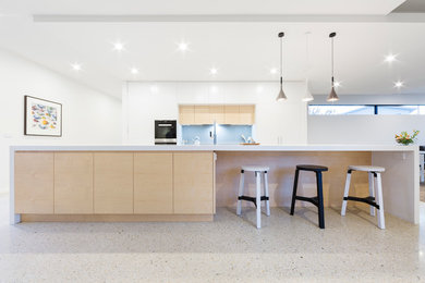 Design ideas for a large contemporary galley kitchen pantry in Canberra - Queanbeyan with with island, an undermount sink, flat-panel cabinets, white cabinets, solid surface benchtops, blue splashback, glass sheet splashback, stainless steel appliances and terrazzo floors.