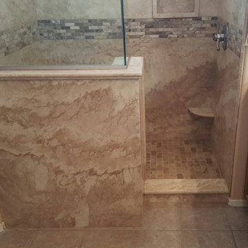 ForzaStone Walnut Cross Cut Travertine Walk In Shower