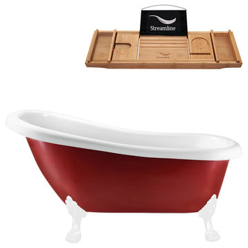 61" Red Clawfoot Tub and Tray, White Feet, Chrome Internal Drain