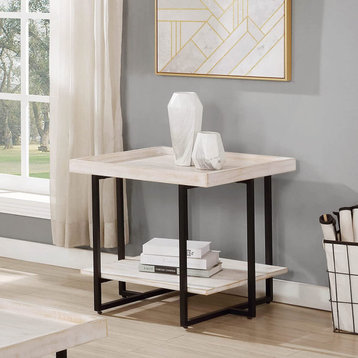Contemporary End Table, Metal Frame With Shelf & Tray Style Top, Antique White