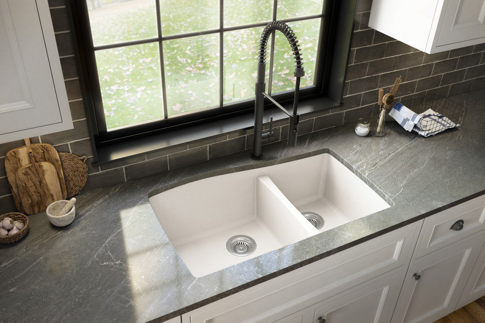 Karran Undermount Quartz 33" 60/40 Double Bowl Kitchen Sink, White