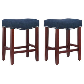 24" Upholstered Saddle Seat Counter Stool (Set of 2) in Navy Blue