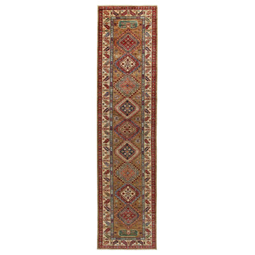 Oriental Rug Super Kazak 10'8"x2'8" Hand Knotted Carpet
