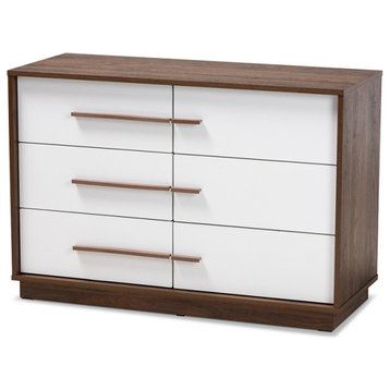 Mid-Century Modern 2-Tone White and Walnut Finished 6-Drawer Wood Dresser