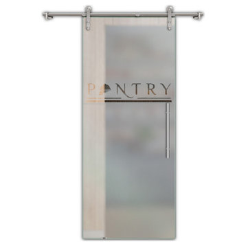 Pantry Room Sliding Glass Barn Door V2000 With Etchings, 24"x84", Semi-Private