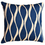 Kashmir Designs - Contemporary Waves Midnight Blue Decorative Pillow Cover Handmade Wool 18x18" - Kashmir is proud to bring together the modern abstract vector design pillow collection, hand embroidered by the finest artisans of Kashmir, into the living spaces of patrons and connoisseurs’ all around the world. These unique, seamless and modern pillows would bring together the artistic elements of any room, creating a harmonious design and perfect air of sophistication.