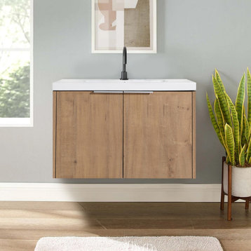 Floating Bathroom Cabinet With Sink and Soft Close Doors, Imitative Oak, 30"