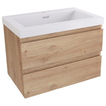 Wall-Mounted Bathroom Vanity with Integrated Resin Sink, F Oak, 30 in.