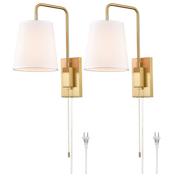 Gold Fabric Shade Wall Sconce Bedroom Plug-in Wall Lamp Set of 2