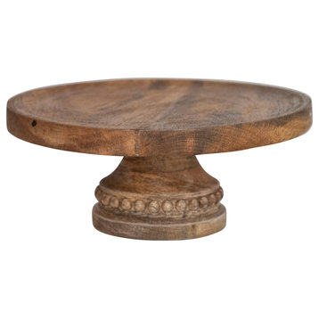 11.5 Inches Hand-Carved Mango Wood Pedestal With Wood Beads, Natural